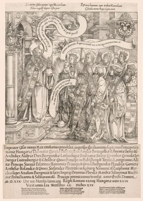 Framed Print : Maximilian Presented by His Patron Saints to the Almighty, 1519. Creator: Hans Springinklee Framed Print : Maximilian Presented by His Patron Saints to the Almighty, 1519. Creator: Hans Springinklee
