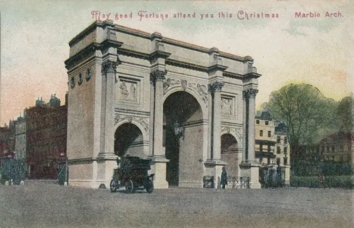 Framed Print : May good fortune attend you this Christmas - Marble Arch, c1910 Framed Print : May good fortune attend you this Christmas - Marble Arch, c1910