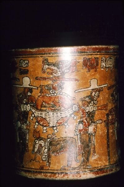 Maya painted jar: man in jaguar-skin litter from Guatemala