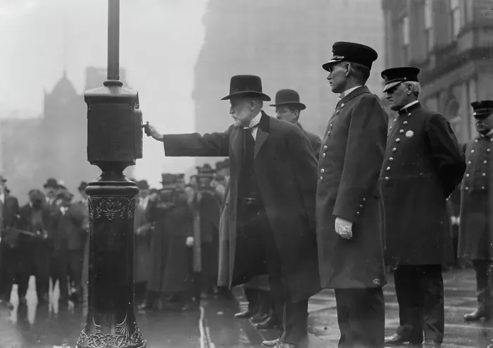 Framed Print : Mayor Gaynor turning in alarm 3 / 20 / 13, 1913. Creator: Bain News Service Framed Print : Mayor Gaynor turning in alarm 3 / 20 / 13, 1913. Creator: Bain News Service