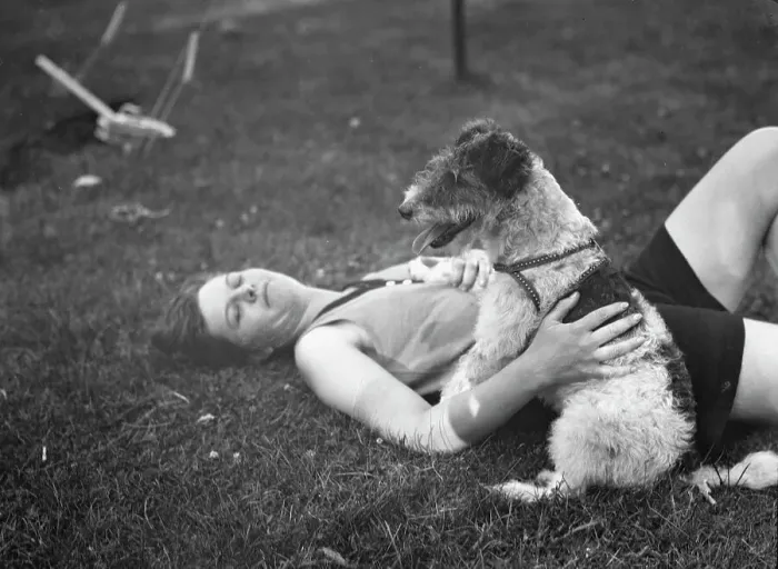 Framed Print : McKeogh, Arthur, Mrs. with dog, outdoors, 1927 Creator: Arnold Genthe Framed Print : McKeogh, Arthur, Mrs. with dog, outdoors, 1927 Creator: Arnold Genthe