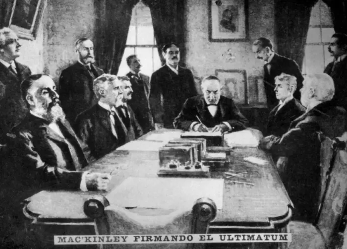Framed Print : McKinley signs the ultimatum, 12th April 1898, (c1910) Framed Print : McKinley signs the ultimatum, 12th April 1898, (c1910)