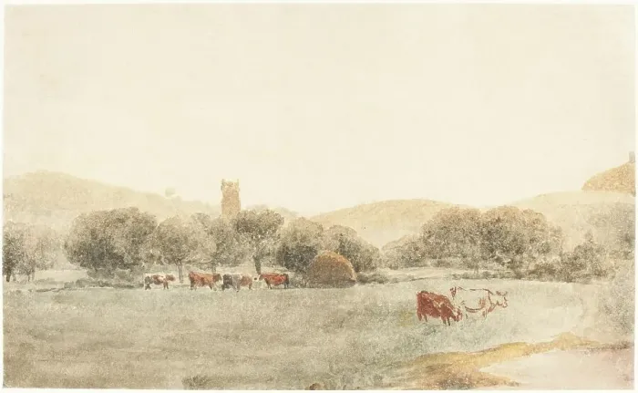 Framed Print : A Meadow with Cattle near Glastonbury. Creator: Peter de Wint Framed Print : A Meadow with Cattle near Glastonbury. Creator: Peter de Wint