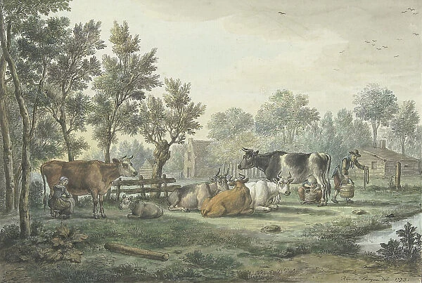 Meadow with cows being milked, 1773. Creator: Paulus Constantijn la Fargue