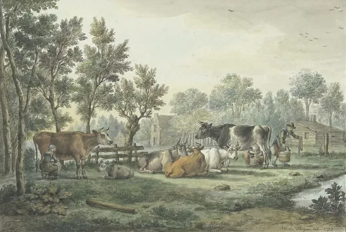 Framed Print : Meadow with cows being milked, 1773. Creator: Paulus Constantijn la Fargue Framed Print : Meadow with cows being milked, 1773. Creator: Paulus Constantijn la Fargue