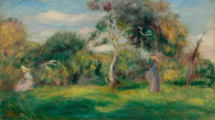 Framed Print : Meadow, trees and women, ca 1899 Framed Print : Meadow, trees and women, ca 1899