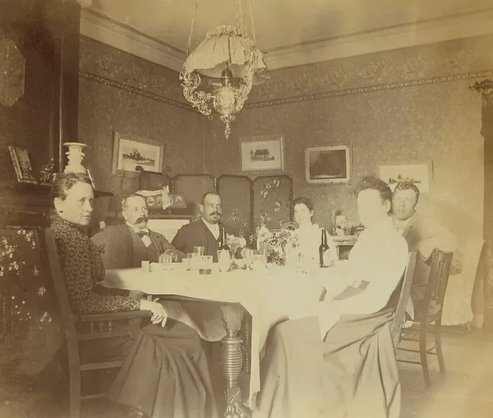 Framed Print : A meal with friends in the drawing room, Dom Smith, Vladivostok, Russia, (1899?). Creator: Frederick S. Pray Framed Print : A meal with friends in the drawing room, Dom Smith, Vladivostok, Russia, (1899?). Creator: Frederick S. Pray