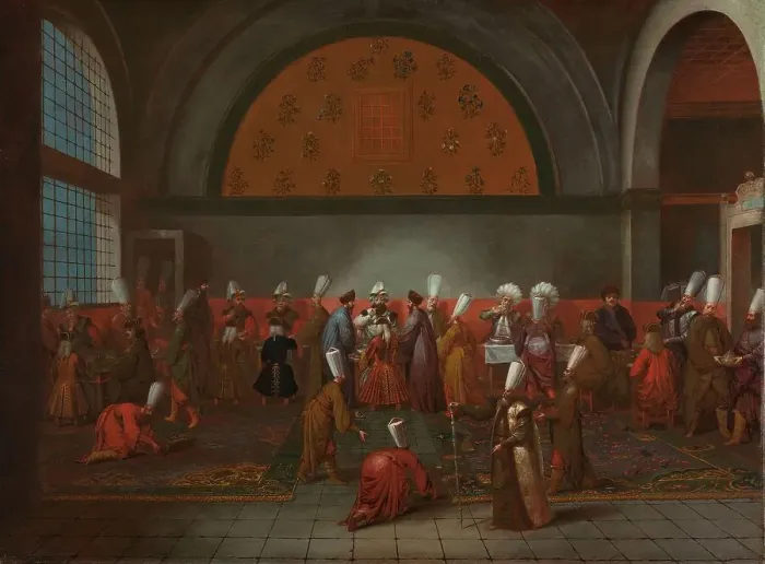 Framed Print : The Meal in Honour of Ambassador Cornelis Calkoen, c.1727-c.1730. Creator: Jean Baptiste Vanmour Framed Print : The Meal in Honour of Ambassador Cornelis Calkoen, c.1727-c.1730. Creator: Jean Baptiste Vanmour