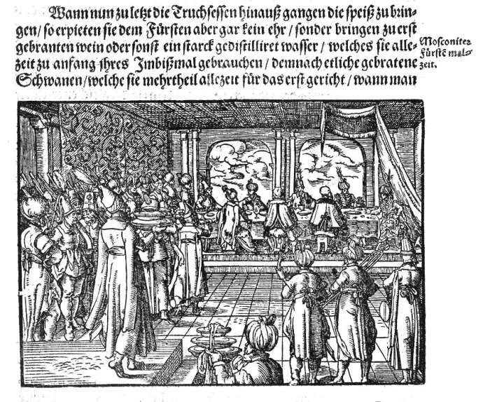 Framed Print : A Meal of Tsar (From Die Moskouitische Chronica by S. Herberstein), 1579. Artist: Anonymous Framed Print : A Meal of Tsar (From Die Moskouitische Chronica by S. Herberstein), 1579. Artist: Anonymous