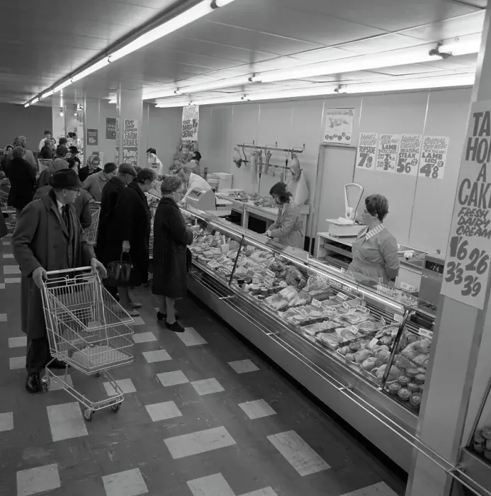 Framed Print : The meat counter at the ASDA supermarket in Rotherham, South Yorkshire, 1969. Artist Framed Print : The meat counter at the ASDA supermarket in Rotherham, South Yorkshire, 1969. Artist