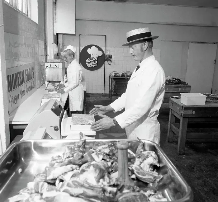 Framed Print : Meat packing at a South Yorkshire meat processing company, 1972. Artist: Michael Walters Framed Print : Meat packing at a South Yorkshire meat processing company, 1972. Artist: Michael Walters