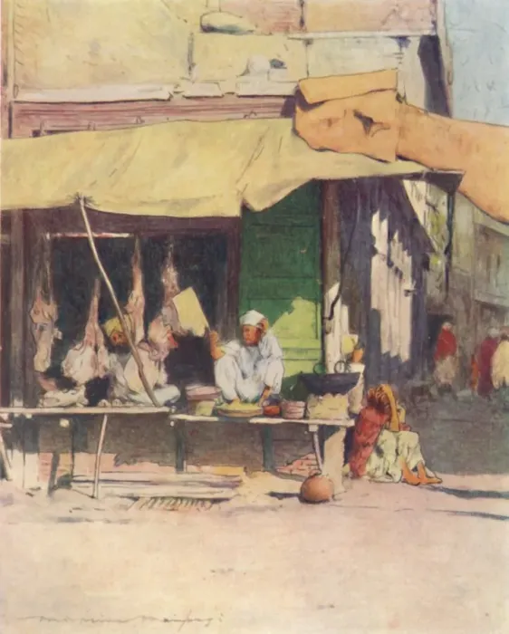 Framed Print : A Meat Shop in Peshawur, 1905. Artist: Mortimer Luddington Menpes Framed Print : A Meat Shop in Peshawur, 1905. Artist: Mortimer Luddington Menpes