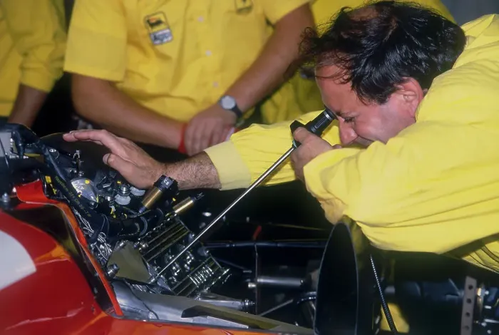 Framed Print : Mechanic at work in the Ferrari pits, 1988 Framed Print : Mechanic at work in the Ferrari pits, 1988