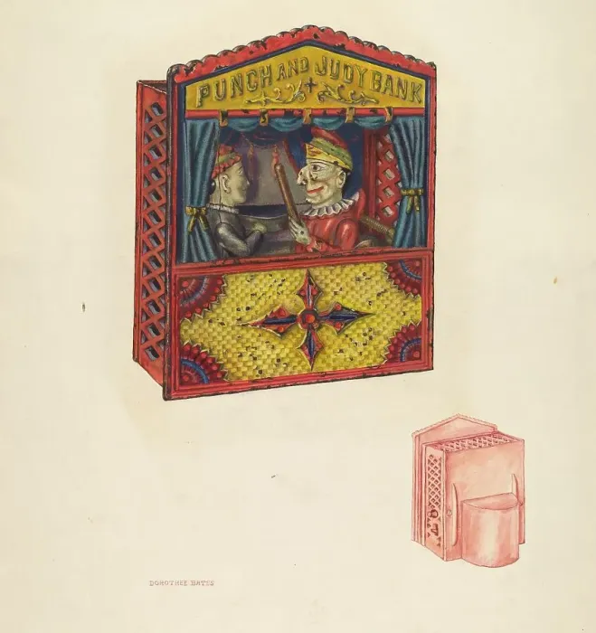 Framed Print : Mechanical Bank: Punch and Judy, c. 1941. Creator: Dorothea Bates Framed Print : Mechanical Bank: Punch and Judy, c. 1941. Creator: Dorothea Bates