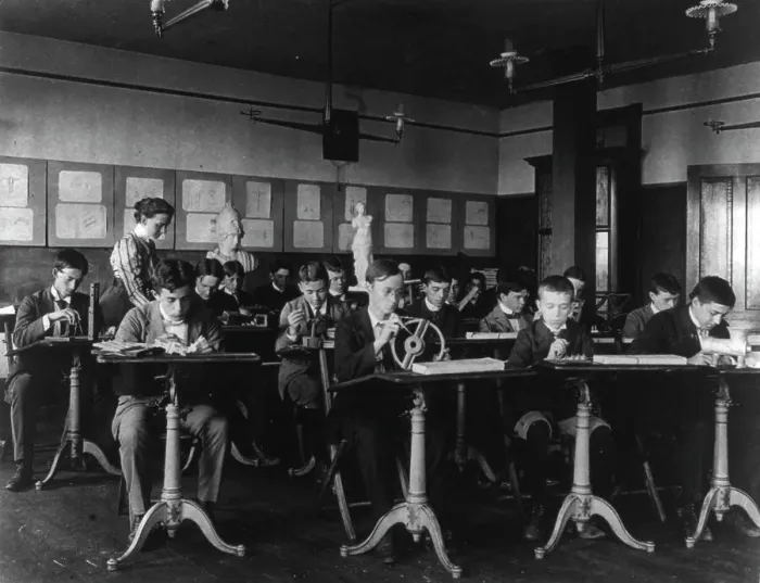 Framed Print : Mechanical drawing class(?), Business high school, (1899?). Creator: Frances Benjamin Johnston Framed Print : Mechanical drawing class(?), Business high school, (1899?). Creator: Frances Benjamin Johnston