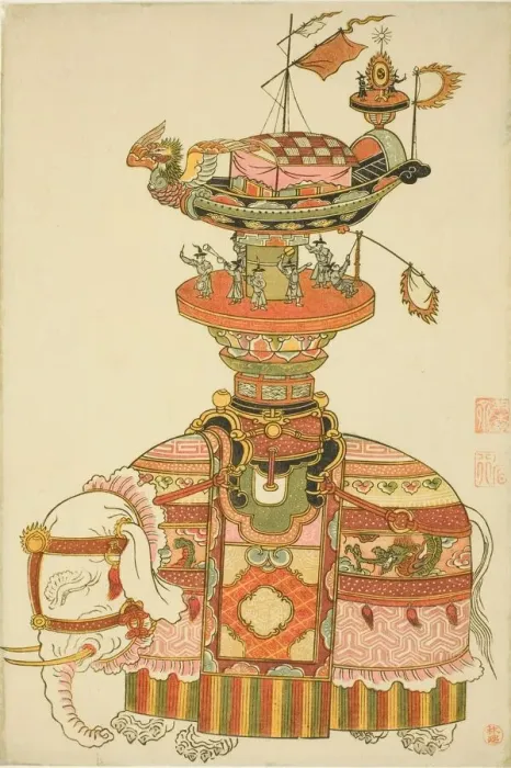 Framed Print : Mechanical Elephant with Festival Barge and Korean Musicians, c. 1765 Framed Print : Mechanical Elephant with Festival Barge and Korean Musicians, c. 1765