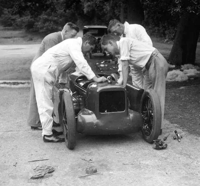 Framed Print : Mechanics working on Leon Cushmans Austin 7 racer for a speed record attempt, Brooklands, 1931 Framed Print : Mechanics working on Leon Cushmans Austin 7 racer for a speed record attempt, Brooklands, 1931