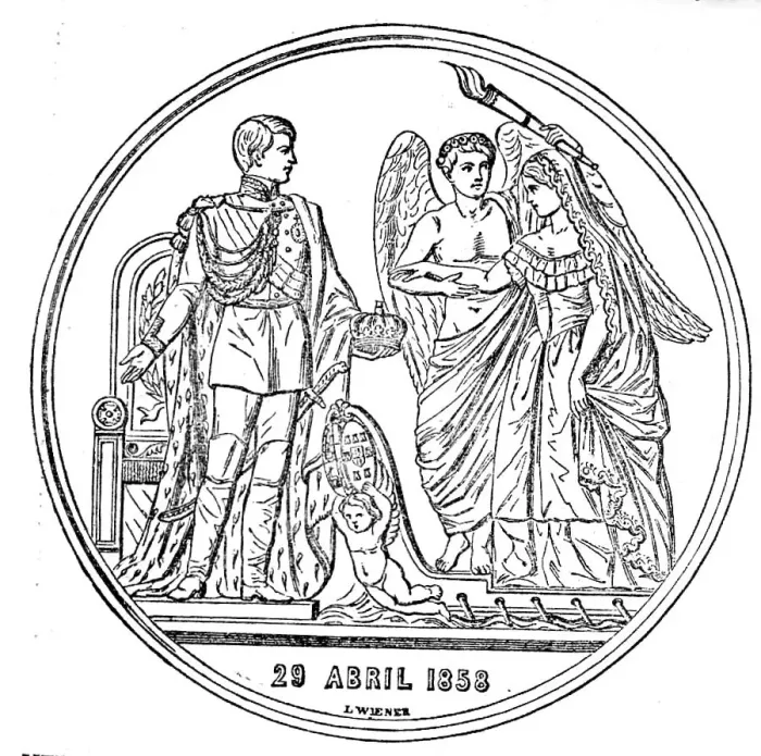 Framed Print : Medal Commemorative of the Marriage of the King of Portugal with the Princess Stephanie, 1858. Creator: Unknown Framed Print : Medal Commemorative of the Marriage of the King of Portugal with the Princess Stephanie, 1858. Creator: Unknown
