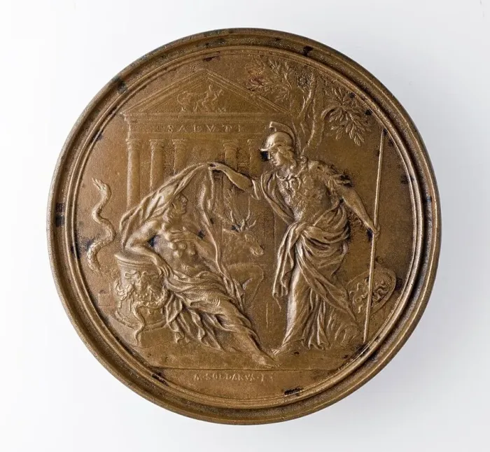 Framed Print : Medal of Francesco Redi: Minerva Unveiling Nature (image 2 of 2), 1684. Creator: Massimiliano Soldani Framed Print : Medal of Francesco Redi: Minerva Unveiling Nature (image 2 of 2), 1684. Creator: Massimiliano Soldani