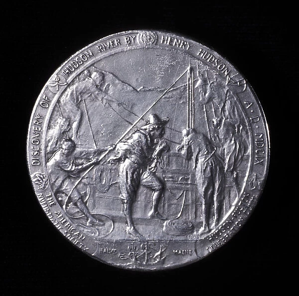 Medal showing Henry Hudson ascending the Hudson River to Albany in 1609