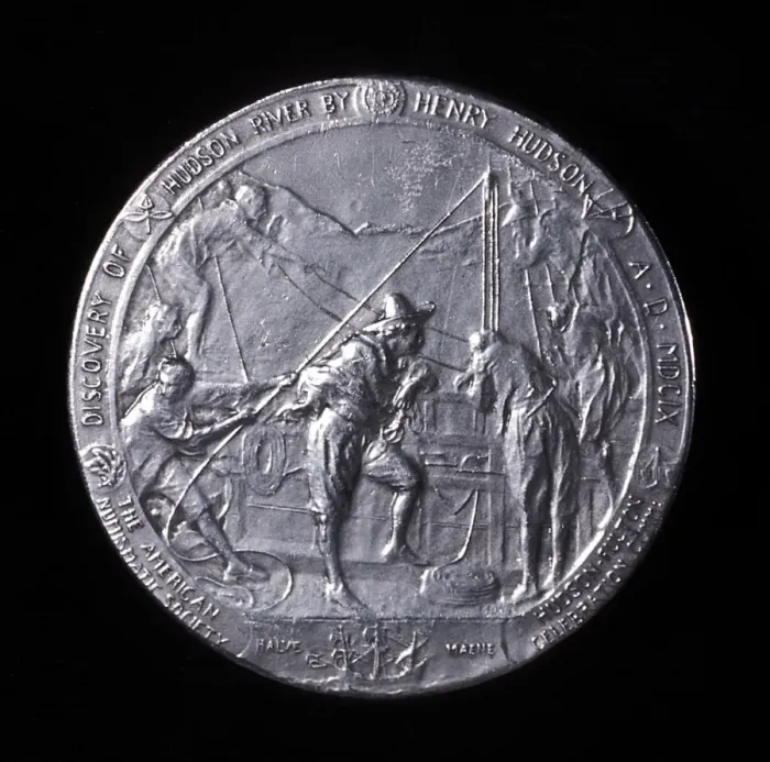 Framed Print : Medal showing Henry Hudson ascending the Hudson River to Albany in 1609 Framed Print : Medal showing Henry Hudson ascending the Hudson River to Albany in 1609