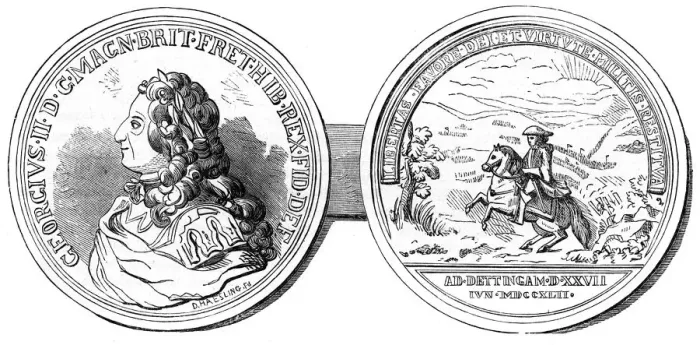 Framed Print : A medal struck to commemorate the Battle of Dettingen, 1743 (19th century) Framed Print : A medal struck to commemorate the Battle of Dettingen, 1743 (19th century)