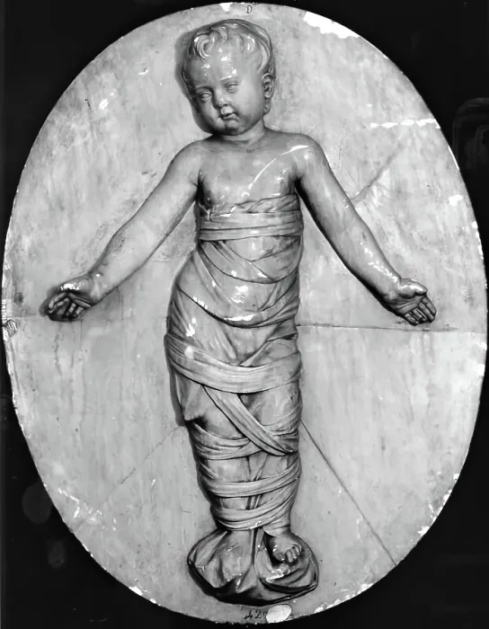 Framed Print : Medallion of a Baby in Swadling Clothes from the Ospedali degli Innocenti, Florence, c1500. Creator: Unknown Framed Print : Medallion of a Baby in Swadling Clothes from the Ospedali degli Innocenti, Florence, c1500. Creator: Unknown