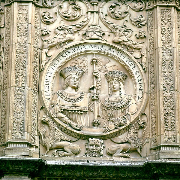 Medallion on the facade of the University of Salamanca with the relief of the Catholic Kings
