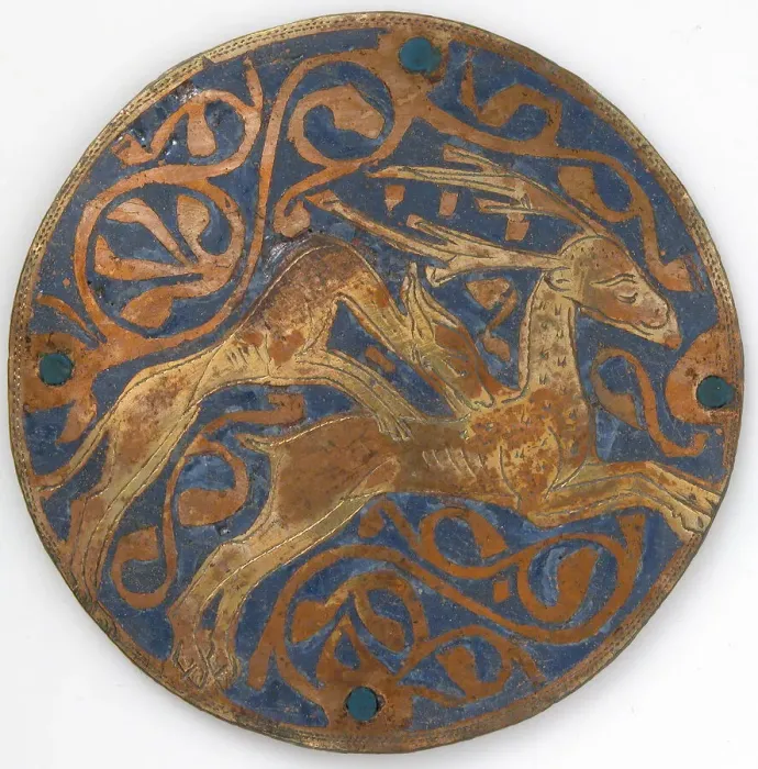 Framed Print : Medallion with Hound Attacking Stag, French, ca. 1240-60. Creator: Unknown Framed Print : Medallion with Hound Attacking Stag, French, ca. 1240-60. Creator: Unknown