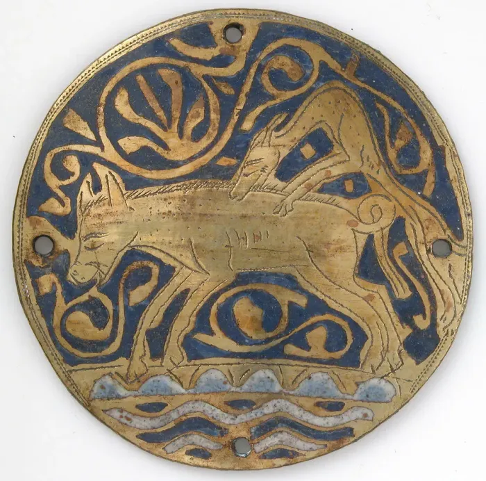 Framed Print : Medallion with Hunting Dog Attacking Boar Crossing Water, French, ca. 1240-60 Framed Print : Medallion with Hunting Dog Attacking Boar Crossing Water, French, ca. 1240-60