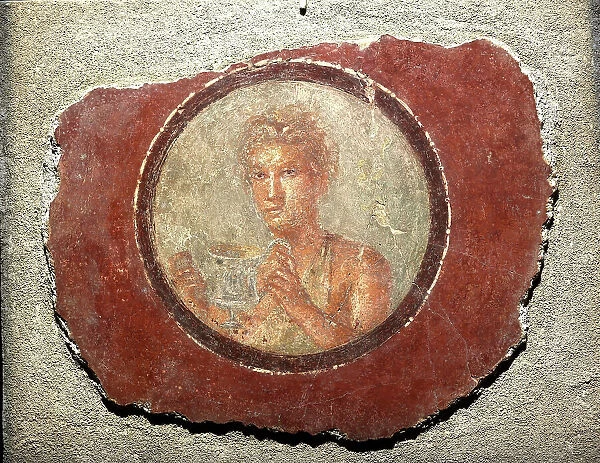 Medallion with a male figure holding a kantharos, 1st century. Creator: Roman-Pompeian wall painting