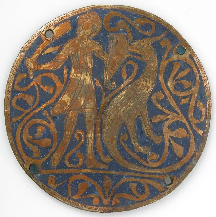 Framed Print : Medallion with Man Fighting Basilisk, French, ca. 1240-60. Creator: Unknown Framed Print : Medallion with Man Fighting Basilisk, French, ca. 1240-60. Creator: Unknown