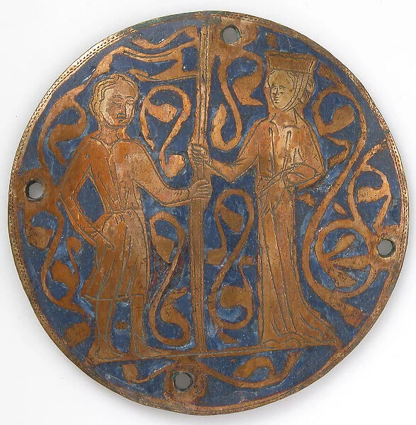 Medallion with man and woman holding standard, French, ca. 1240-60. Creator: Unknown