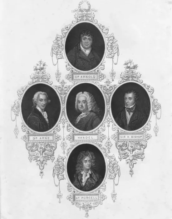 Framed Print : Medallion portraits of British composers, (early-mid 19th century) Framed Print : Medallion portraits of British composers, (early-mid 19th century)