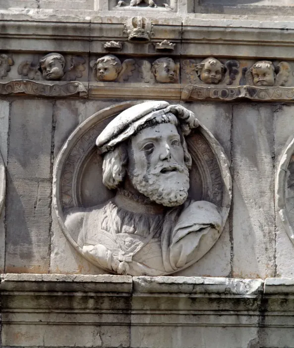 Framed Print : Medallion in stone on the facade of the old Hospital of San Marcos representing King Framed Print : Medallion in stone on the facade of the old Hospital of San Marcos representing King
