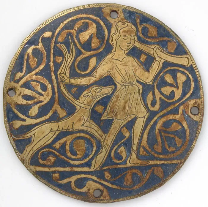 Framed Print : Medallion with Varlet with Horn and Hound, French, ca. 1240-60. Creator: Unknown Framed Print : Medallion with Varlet with Horn and Hound, French, ca. 1240-60. Creator: Unknown