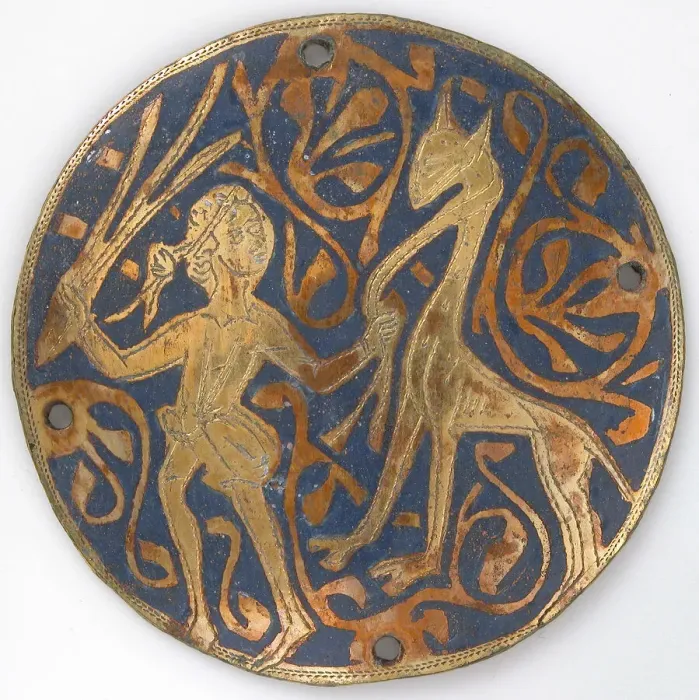 Framed Print : Medallion with Youth Leading Long-necked Animal, French, ca. 1240-60. Creator: Unknown Framed Print : Medallion with Youth Leading Long-necked Animal, French, ca. 1240-60. Creator: Unknown