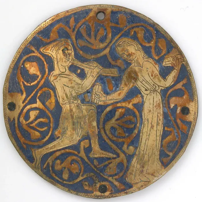 Framed Print : Medallion with Youth Playing Pipe for Dancing Woman with Castanets, French, ca. 1240-60 Framed Print : Medallion with Youth Playing Pipe for Dancing Woman with Castanets, French, ca. 1240-60