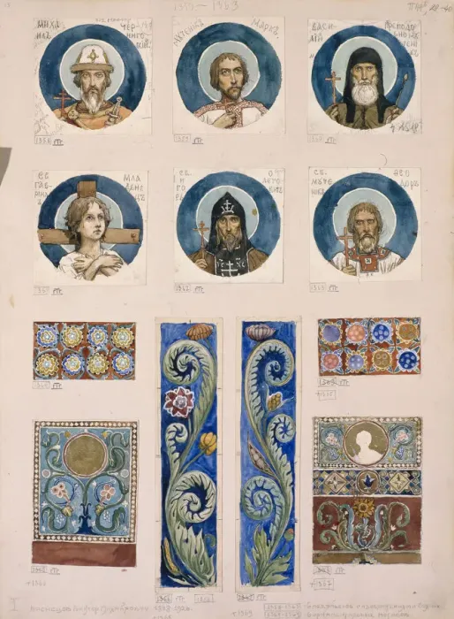 Framed Print : Medallions with Russian Saints (Study for frescos in the St Vladimirs Cathedral of Kiev), 1884-1889. Artist: Vasnetsov, Viktor Mikhaylovich (1848-1926) Framed Print : Medallions with Russian Saints (Study for frescos in the St Vladimirs Cathedral of Kiev), 1884-1889. Artist: Vasnetsov, Viktor Mikhaylovich (1848-1926)