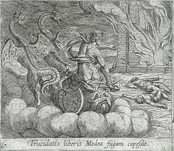 Medea Destroying Jason's Family and Home, published 1606. Creators: Antonio Tempesta, Wilhelm Janson