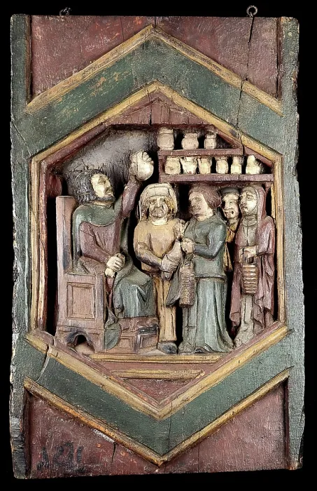 Framed Print : A medical practitioner examining urine brought by his patients. Painted relief after Nino Pisano.. Creator: Pisano, Nino, approximately 1315-approximately 1368 (After) Framed Print : A medical practitioner examining urine brought by his patients. Painted relief after Nino Pisano.. Creator: Pisano, Nino, approximately 1315-approximately 1368 (After)