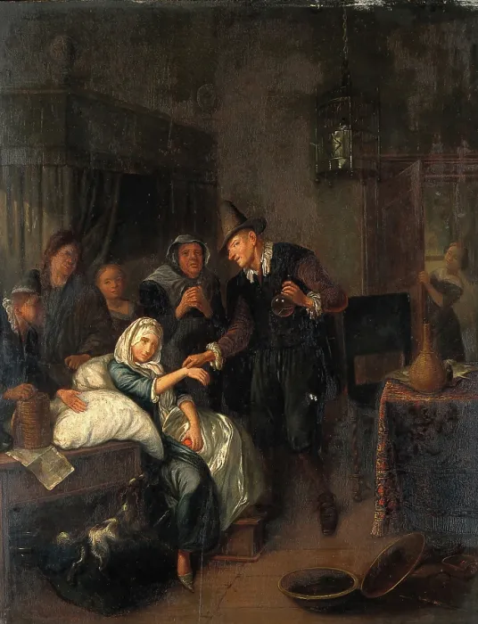 Framed Print : A medical practitioner taking a girl's pulse and holding a flask of her urine, with four other... Creator: Brakenburg, Richard, 1650-1702 (After). A medical practitioner taking a girl's pulse and holding a flask of her urine, with four other