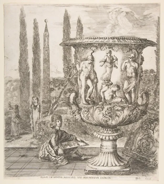 Framed Print : The Medici vase, a large vase to right decorated with a representation of the sacrifice Framed Print : The Medici vase, a large vase to right decorated with a representation of the sacrifice