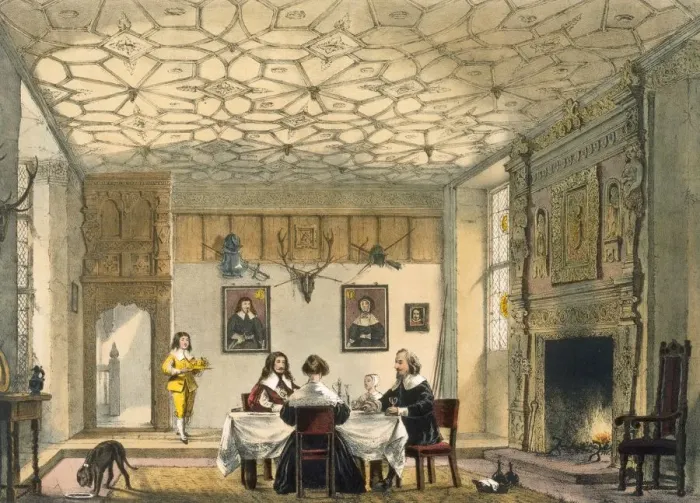 Framed Print : Medieval family supper, Wakehurst Place, Surrey, c1600. Creator: Joseph Nash (1809-78)