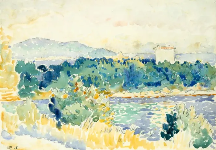 Framed Print : Mediterranean Landscape with a White House, 1900-1905. Creator: Henri-Edmond Cross Framed Print : Mediterranean Landscape with a White House, 1900-1905. Creator: Henri-Edmond Cross