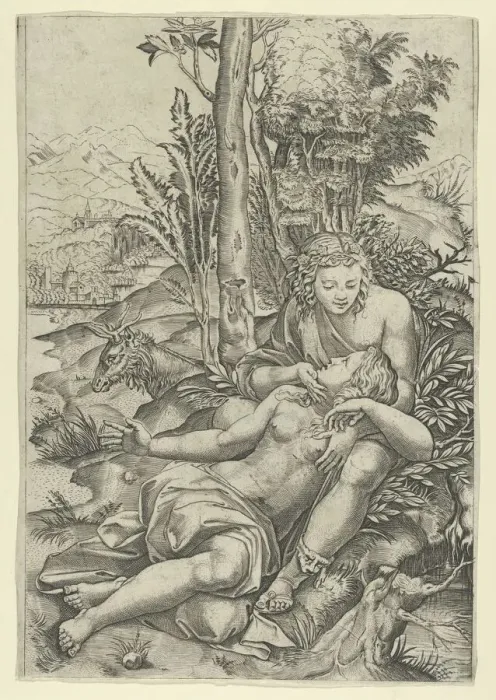 Framed Print : Medor and Angelica from Lodovico Ariostos Orlando Furioso or Venus and Adonis... ca. 1500-1534. Creator: Marcantonio Raimondi Framed Print : Medor and Angelica from Lodovico Ariostos Orlando Furioso or Venus and Adonis... ca. 1500-1534. Creator: Marcantonio Raimondi