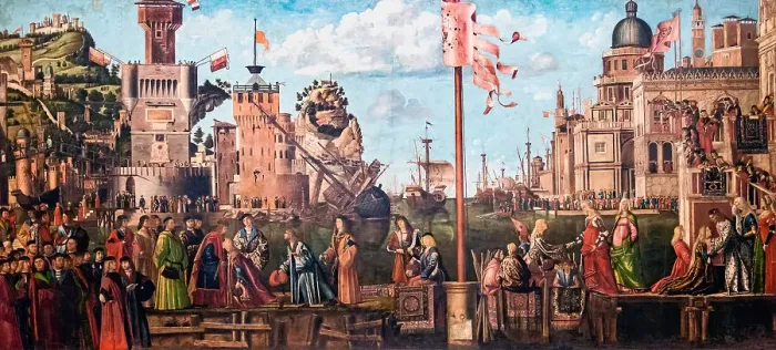 Framed Print : Meeting of the Betrothed Couple and the Departure of the Pilgrims (The Legend of Saint... 1495-1500 Creator: Carpaccio, Vittore (1460-1526) Framed Print : Meeting of the Betrothed Couple and the Departure of the Pilgrims (The Legend of Saint... 1495-1500 Creator: Carpaccio, Vittore (1460-1526)