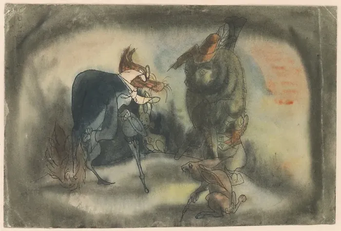Framed Print : Meeting of a boar in a hat and a fox with an umbrella, 1940-1944. Creator: Jan Novak Framed Print : Meeting of a boar in a hat and a fox with an umbrella, 1940-1944. Creator: Jan Novak