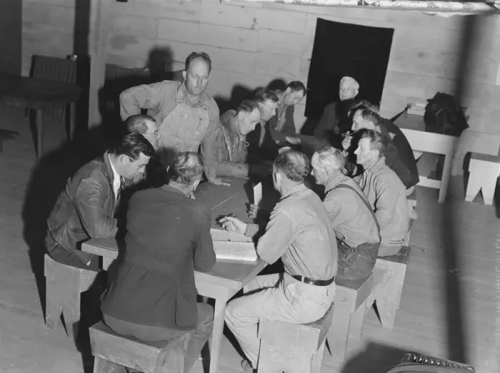 Framed Print : Meeting of the camp council, FSA camp, Farmersville, California, 1939. Creator: Dorothea Lange Framed Print : Meeting of the camp council, FSA camp, Farmersville, California, 1939. Creator: Dorothea Lange