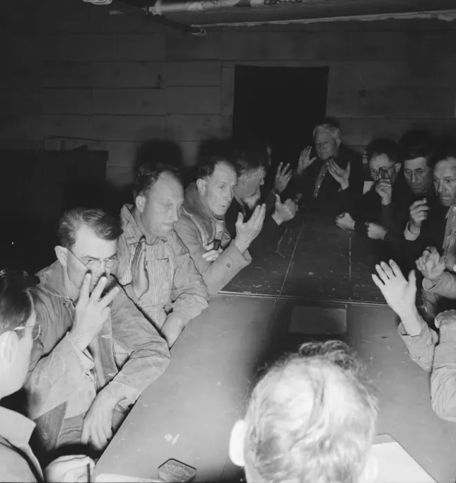 Framed Print : Meeting of the camp council, FSA camp, Farmersville, California, 1939. Creator: Dorothea Lange Framed Print : Meeting of the camp council, FSA camp, Farmersville, California, 1939. Creator: Dorothea Lange